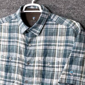 KUHL Skorpio Short Sleeve Shirt Mens XXL Blue Plaid Multi Linen Lightweight Gorp